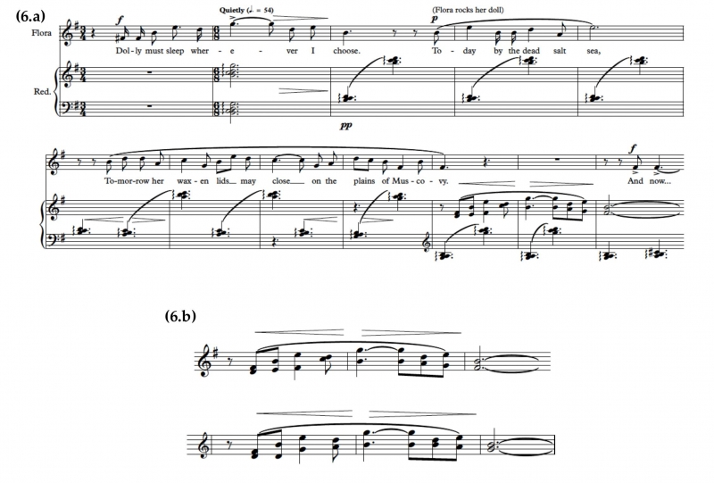 Fig. 6: Flora’s lullaby, The Turn of the Screw, Act 1 Scene 7. (a) first bars. (b) Britten’s and “corrected” version of the orchestral comment